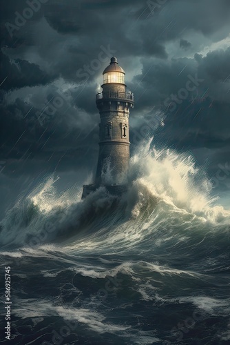illustration of lighthouse on a rain and storm filled and giant waves crashing  lighthouse atnight with a beam of light shining out to sea. Generative Ai. photo