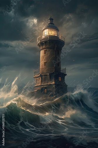 illustration of lighthouse on a rain and storm filled and giant waves crashing  lighthouse atnight with a beam of light shining out to sea. Generative Ai. photo