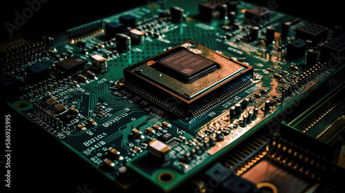 Electronic chip circuit board, CPU, microprocessor technology. AI generated