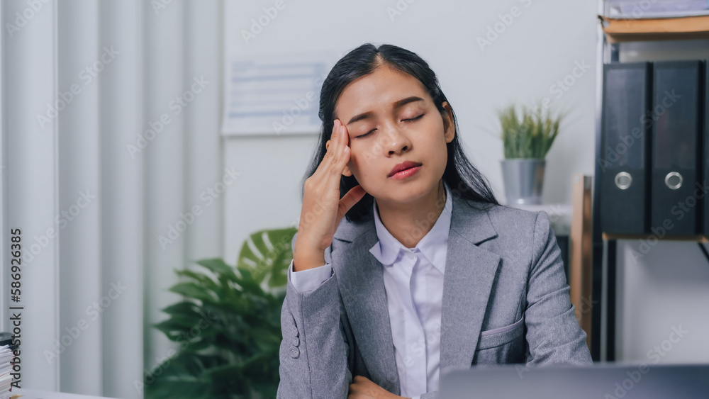 tired, exhausted, sleepy, sad, bored, Young confident asia people entrepreneur ceo female business woman broker in suit office worker, help clients. tired, exhausted, sleepy, sad, bored, Young confident asia people entrepreneur ceo female business woman broker in suit office worker, help clients.