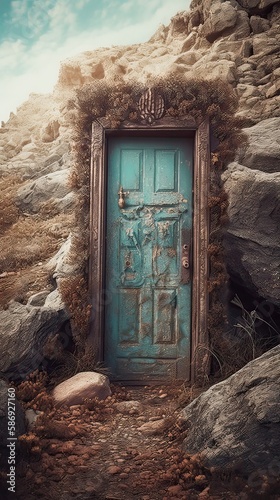 Fantasy enchanted fairy tale forest with a magical opening secret wooden door.The fairytale blue door with fairytale in paradise. Generative Ai.