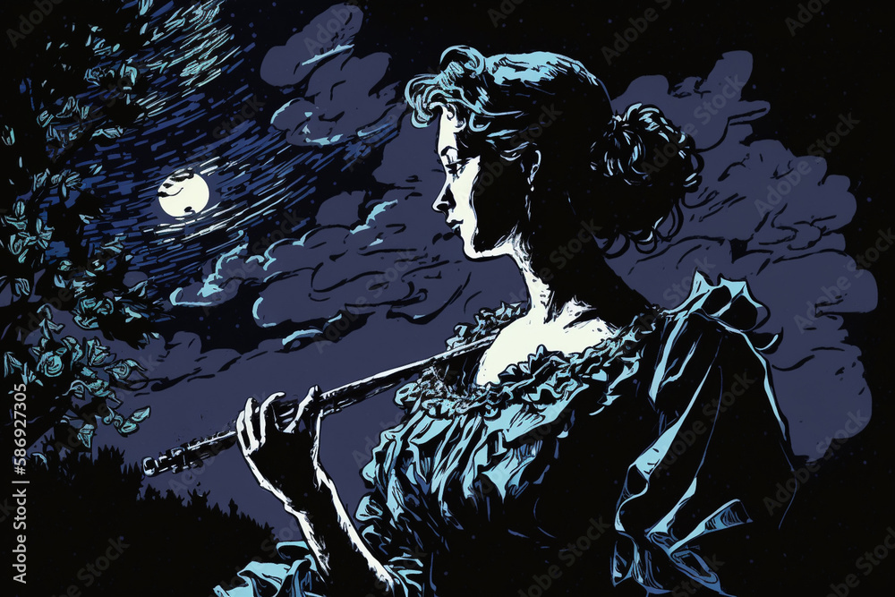 Midnight Serenade. a lone silhouette figure holding a violin under their chin, with their bow poised to play under a tree.The figure is a young musician, lost in thought as she prepare to play. Ai Midnight Serenade. a lone silhouette figure holding a violin under their chin, with their bow poised to play under a tree.The figure is a young musician, lost in thought as she prepare to play. Ai