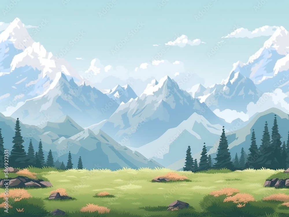 illustration of Flat summer cartoon landscape. Fields with trees and mountains in the background. Generative Ai.