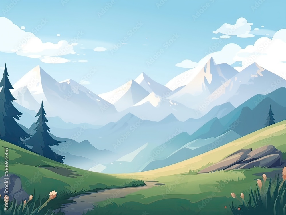 Obraz premium illustration of Flat summer cartoon landscape. Fields with trees and mountains in the background. Generative Ai.
