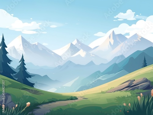 illustration of Flat summer cartoon landscape. Fields with trees and mountains in the background. Generative Ai.