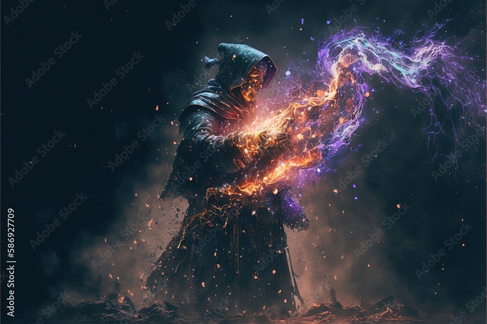 Battlemage in fantasy setting, powerful spell casting by sorcerer wearing mystical medieval outfit for game design in epic lighting fire ball. Magical warrior Generative AI. Stock | Adobe