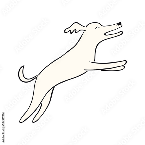 Cute cartoon dog, puppy jumping funny character illustration. Hand drawn vector, isolated. Line drawing. Domestic animal logo. Design concept for pet food, branding, business, vet, print, poster