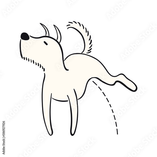 Cute cartoon dog, puppy peeing funny character illustration. Hand drawn vector, isolated. Line drawing. Domestic animal logo. Design concept for pet food, branding, business, vet, print, poster