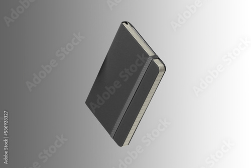 Realistic Textured Black Closed Paper Notebook mockup Isolated on Background. Design Template of Copybook with Elastic Band for Mockup. 3d rendering. photo