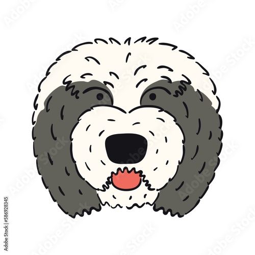 Old English sheepdog, puppy face cute funny cartoon character illustration. Hand drawn vector, isolated. Line art. Domestic animal logo. Design concept pet food, branding, business, vet, print, poster