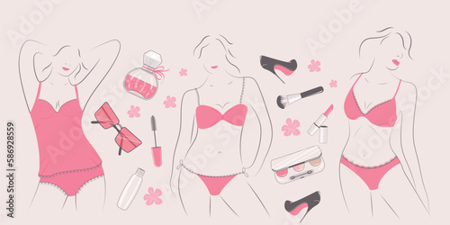 Silhouettes of girls in underwear and elements of beauty and fashion. The concept of beauty, tenderness and femininity.