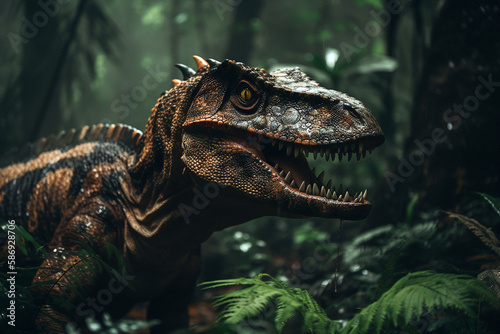 Close up of a dangerous dinosaur in the forest. Generative AI © Zenturio Designs