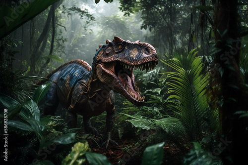 Dangerous carnivorous dinosaur in the forest. Generative AI