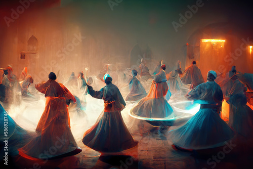 Turkish Sufi dervish dance- Created with Generative AI Technology photo