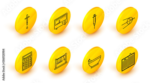 Set line Open science book, Mortar and pestle, Pendulum, Calculator, Satellite, Syringe, Electrical measuring instruments and Pipette icon. Vector