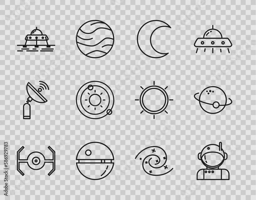 Set line Cosmic ship, Astronaut, Moon and stars, Death, Mars rover, Solar system, Black hole and Planet icon. Vector