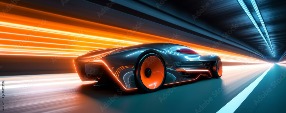 Speeding Through the Light: Futuristic Sport racing car at high speed riding in illuminated road tunnel. Generative AI