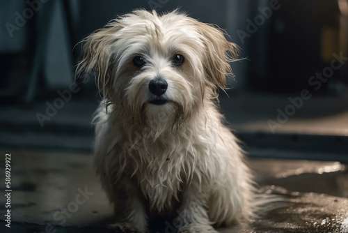 Cute young crossbreed dog with white long hair standing on garage floor and displaying a dejected expression while waiting for its owner to go for a walk in the pictures selective focus up close backg © AkuAku