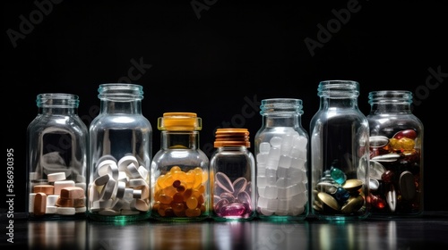 Pills and drugs bottles for pharmaceutical and health industry. Generative AI