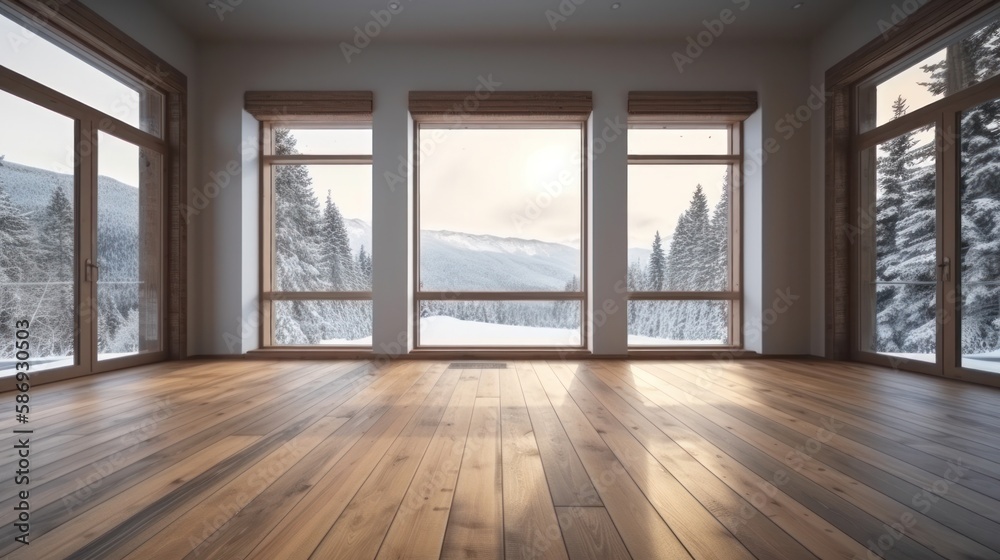 Empty room with wooden floor and window with winter view, fir trees in the snow, the sun is shining brightly. Generative AI Illustration Empty room with wooden floor and window with winter view, fir trees in the snow, the sun is shining brightly. Generative AI Illustration