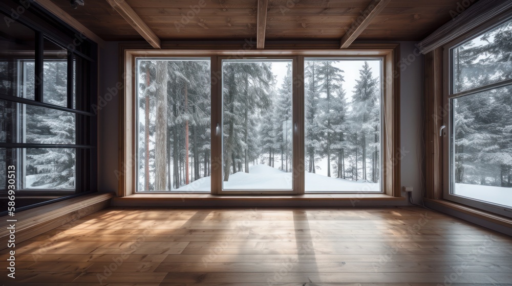 Empty room with wooden floor and window with winter view, fir trees in the snow, the sun is shining brightly. Generative AI Illustration Empty room with wooden floor and window with winter view, fir trees in the snow, the sun is shining brightly. Generative AI Illustration