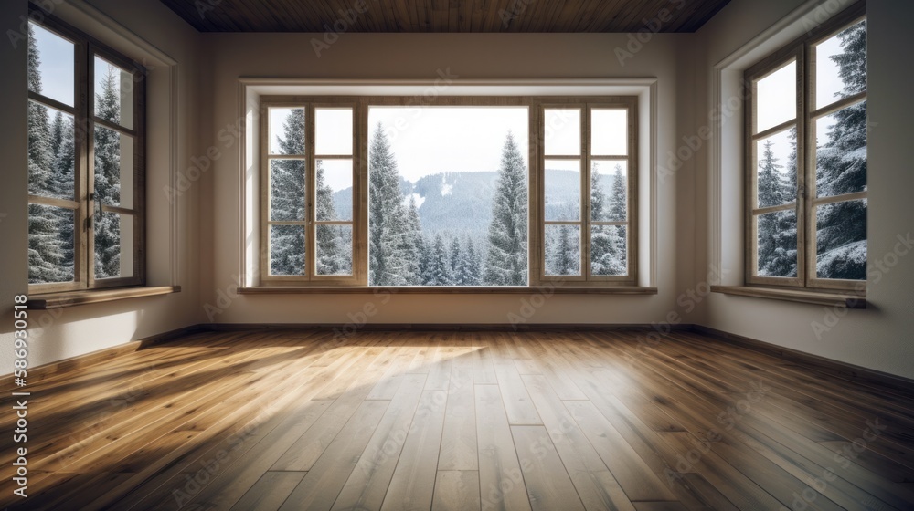 Empty room with wooden floor and window with winter view, fir trees in the snow, the sun is shining brightly. Generative AI Illustration Empty room with wooden floor and window with winter view, fir trees in the snow, the sun is shining brightly. Generative AI Illustration