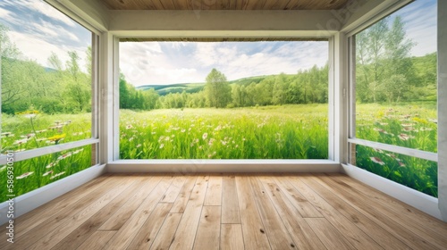 Empty room with wooden floor and window with summer view  green meadow with grass  the sun is shining brightly. Generative AI Illustration
