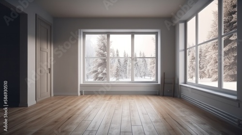 Empty room with wooden floor and window with winter view, fir trees in the snow, the sun is shining brightly. Generative AI Illustration © Generative Professor