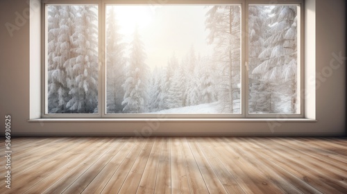 Empty room with wooden floor and window with winter view  fir trees in the snow  the sun is shining brightly. Generative AI Illustration
