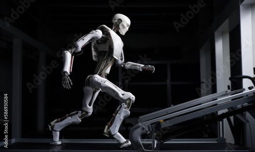 Futuristic humanoid robot running on a gym treadmill. Artificial intelligence AI race concept. Generative AI