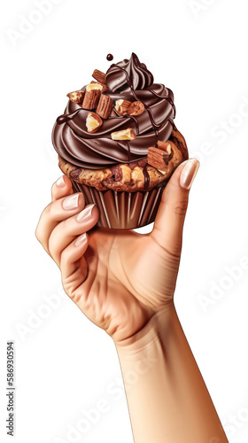 Hands holding a chocolate muffin isolated on white space. Transparent cutout png. Generative AI