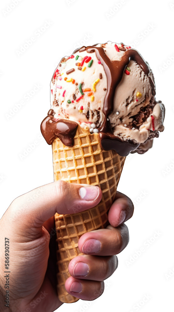 Hands holding a cone of ice cream isolated on white space. Transparent cutout png. Generative AI
