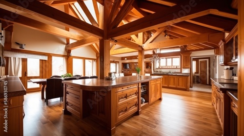 Interior design of a big modern kitchen with exposed wooden beams. Generative AI