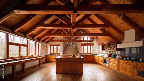 Interior design of a big modern kitchen with exposed wooden beams. Generative AI © Generative Professor