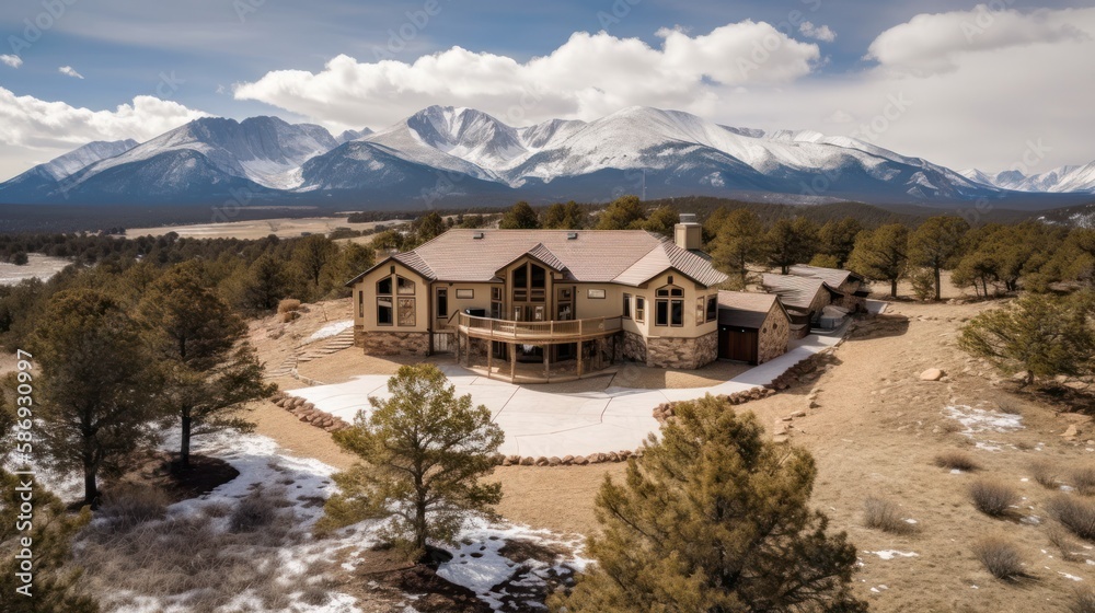 Stunning luxury house mansion in the valley with mountains in the background. Modern architecture. Generative AI Stunning luxury house mansion in the valley with mountains in the background. Modern architecture. Generative AI
