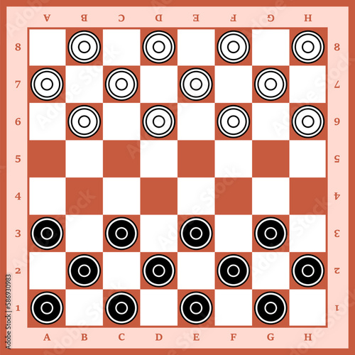 A chessboard in a vector isolated on a white background. The board is a top view. Black and white round chips. Checkers. Board game Checkers. Chessboard and checkers on it