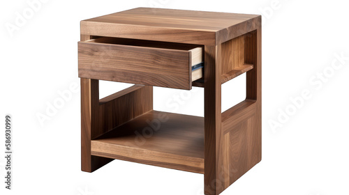 Modern wooden nightstand cutout isolated on white transparent background png. Generative AI