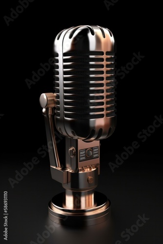 Radio station retro metallic microphone for live performance. Podcast interview concept. Generative AI