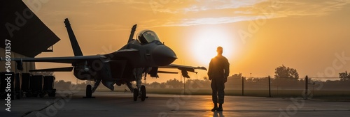 Military airforce fighter jet pilot near walking towards sunset. Top gun concept. Generative AI photo