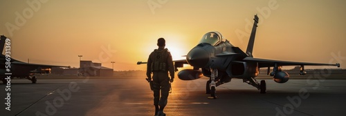 Military airforce fighter jet pilot near walking towards sunset Fototapet