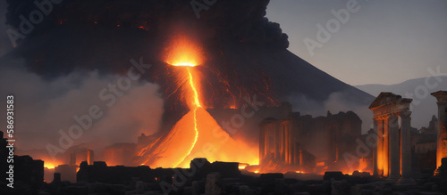 Volcanic eruption, ruins of ancient city, generative AI