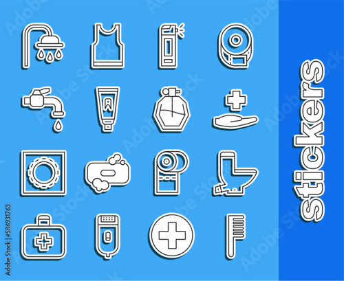 Set line Hairbrush, Toilet bowl, Cross hospital medical, Bottle with nozzle spray, Tube of toothpaste, Water tap, Shower head and Perfume icon. Vector