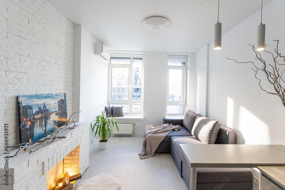 Cozy luxury modern interior design of a studio apartment in extra white ...