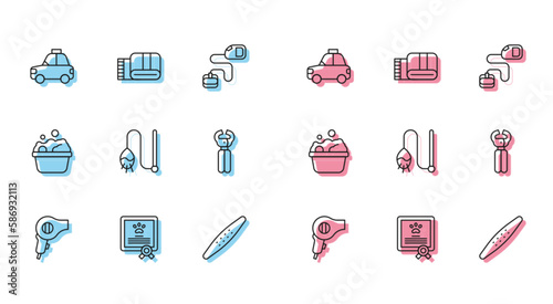 Set line Hair dryer, Certificate for dog or cat, Pet car taxi, Nail file pet, toy, nail clippers, Pets bath and Towel stack icon. Vector