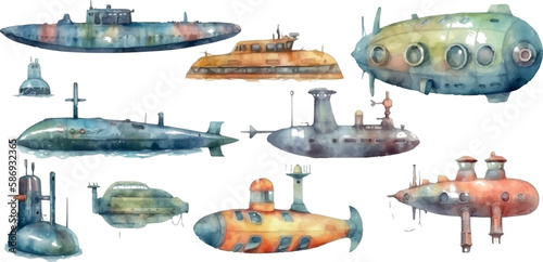 Watercolor cute cartoon kids submarine. watercolor illustration of a submarine isolated on white background.