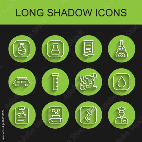Set line Chemistry report, book, Test tube and flask, Laboratory assistant, Water drop and Gaseous icon. Vector