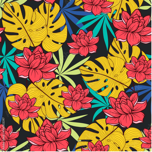 Fototapeta Naklejka Na Ścianę i Meble -  Fashionable seamless tropical pattern with bright plants and flowers on a black background. Vector design. Jungle print. Floral background.  Beautiful print with hand drawn exotic plants.