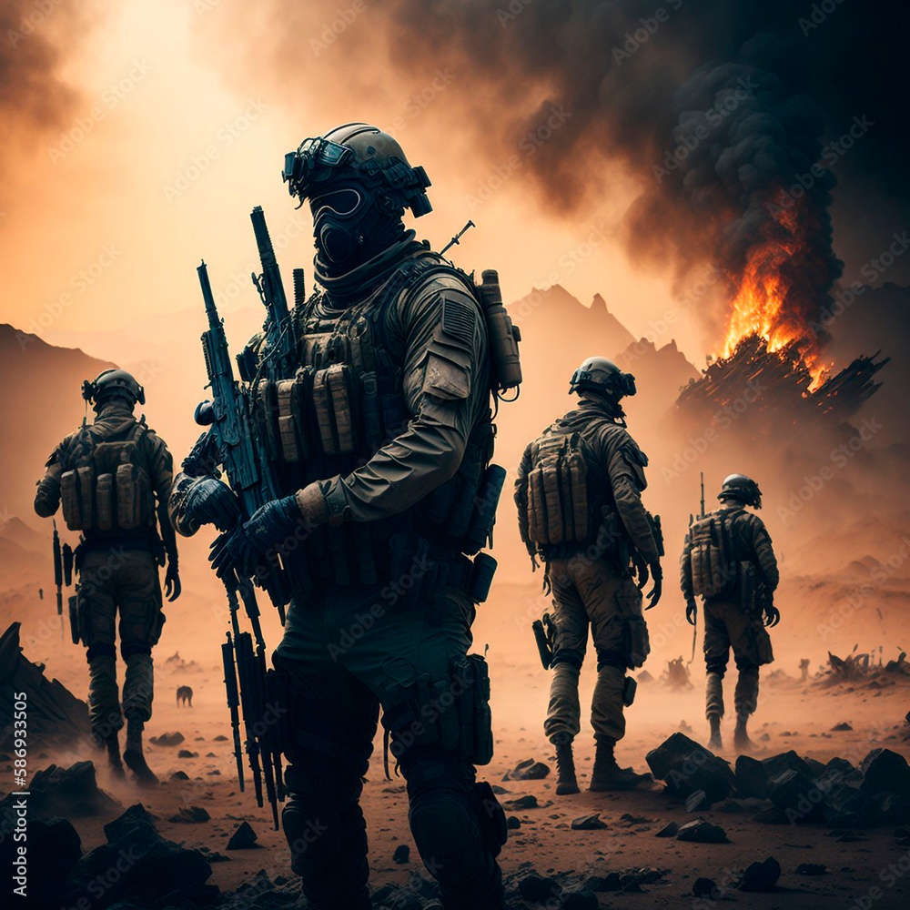 military special forces soldiers crosses destroyed warzone through fire and smoke in the desert, wide poster design with copy space area - Generative AI military special forces soldiers crosses destroyed warzone through fire and smoke in the desert, wide poster design with copy space area - Generative AI