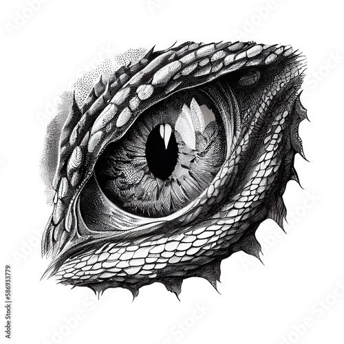 Sketch of monstrous reptilian or dragon eye in black and white pencil. The image is detailed, intricate and ideal for use in fantasy, horror or mythology related designs. Tshirt print, alien beast © Ekaterina