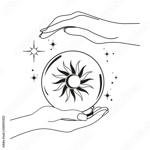 Hands with crystal ball with sun, moon, stars. Spiritual session. Esoteric, magic, predictions